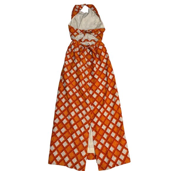 Vintage Handmade Open Back Orange Midcentury Modern Halter Dress - Picture 2 of 8